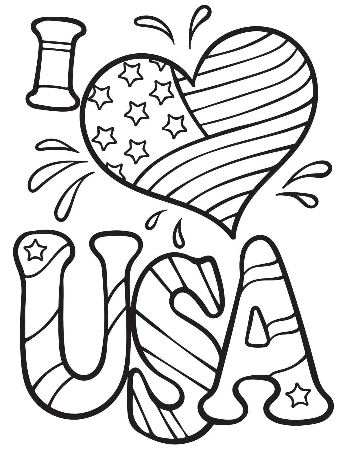 Get USA Coloring Sheets for July 4th A free flag coloring sheets printable with I heart USA on it, with USA having stripes, and the heart having a flag pattern.
