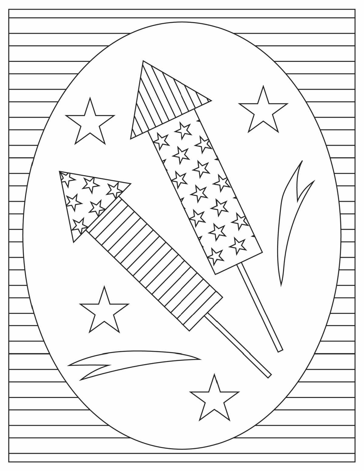 Get July 4th Coloring Sheets Free A free Independence Day coloring pages printable, with two fireworks in a circle with stars around them, and a striped background outside of the circle.