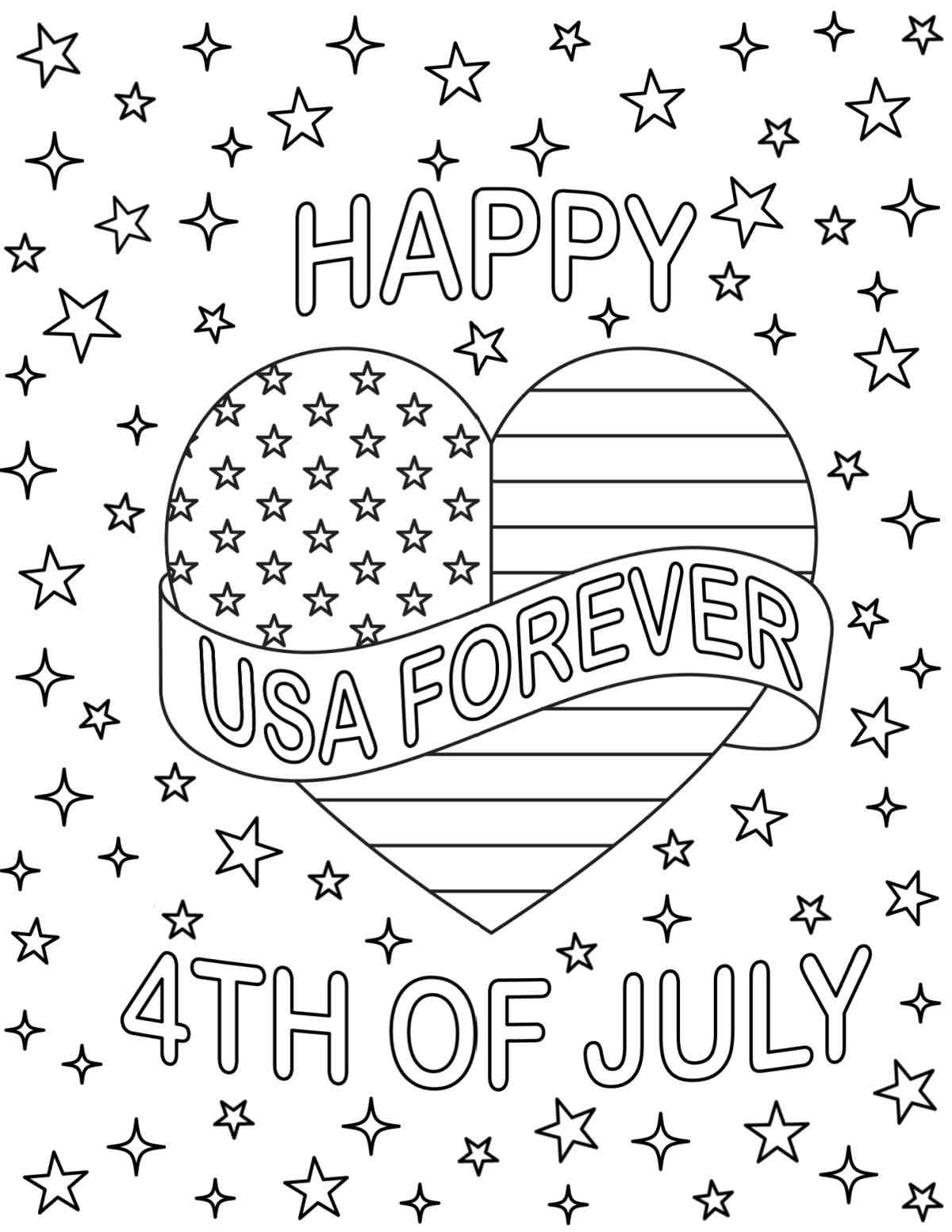 Get Free Flag Coloring Sheets for July 4th A free flag coloring pages printable with a heart in the center that has a flag on it, and a banner that says USA forever, on a background filled with stars that has text that reads Happy 4th of July.
