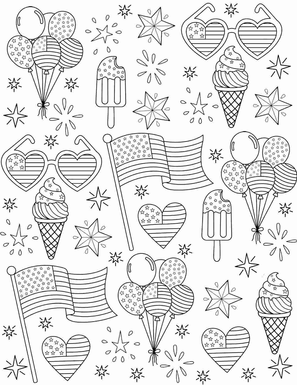 Get 20+ Free Printable Fourth of July Coloring Pages A free printable Fourth of July coloring pages image filled with stars, balloons, ice cream, sunglasses, flags and popsicles.