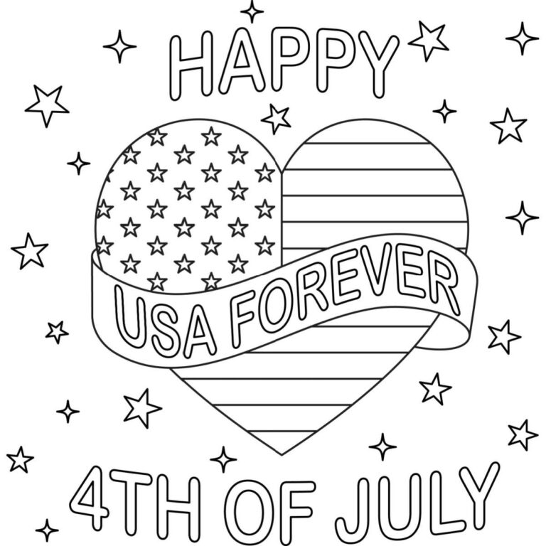A free USA coloring pages printable with a heart in the center that has a flag on it, and a banner that says USA forever, on a background filled with stars that has text that reads Happy 4th of July.