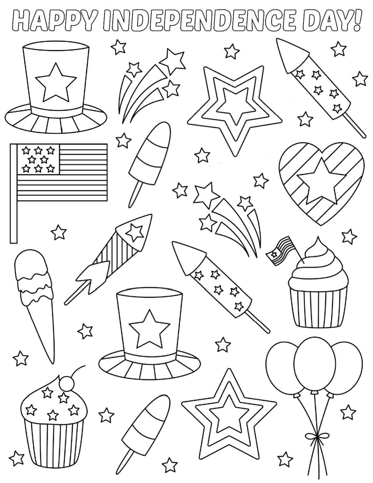 Get Free Independence Day Coloring Pages Printables A free printable Fourth of July coloring sheets image with firecrackers, a top hat, flags, popsicles, ice cream, balloons stars and fireworks with text that says Happy Independence Day at the top.