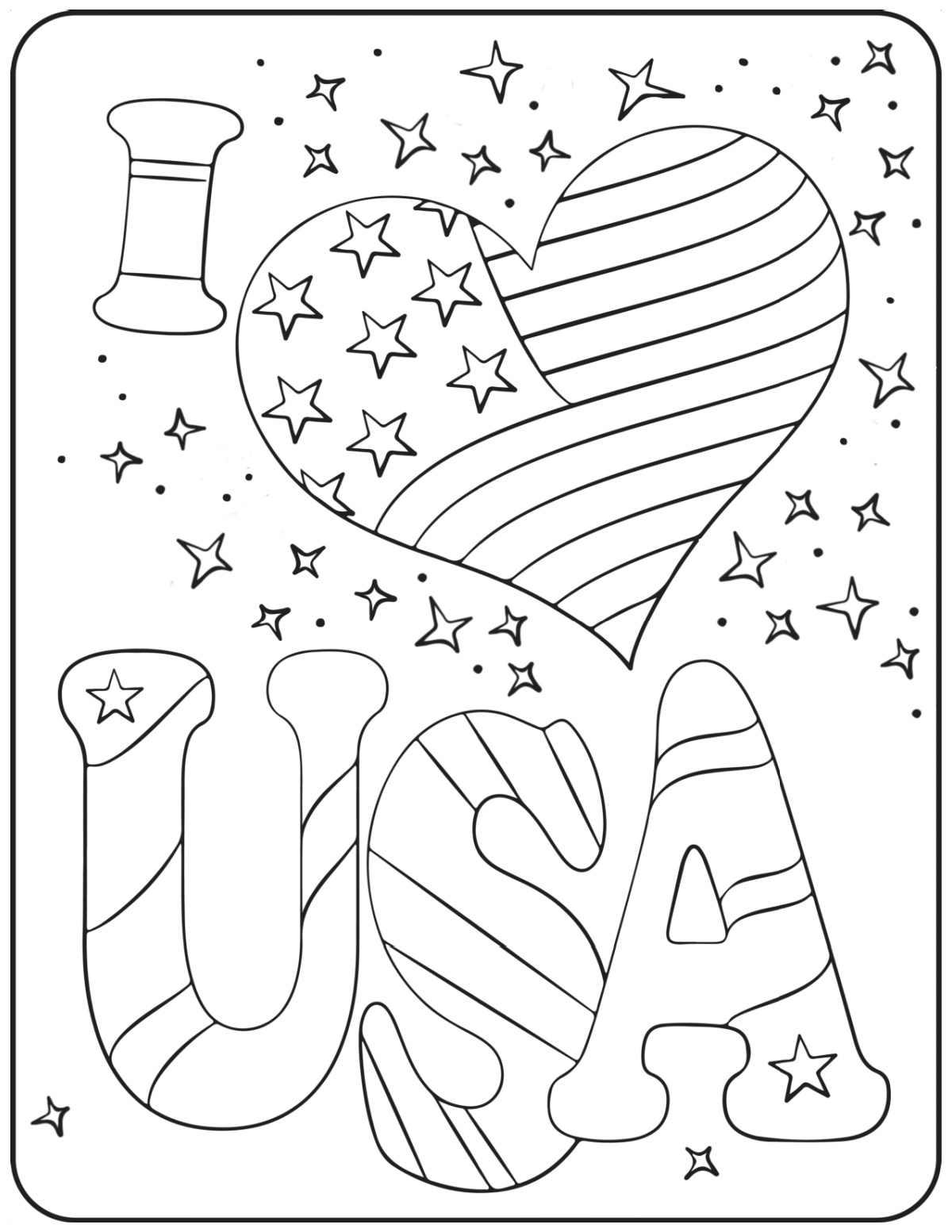 USA Coloring Sheets for July 4th An I heart USA coloring sheets printable, where the heart is filled in with a flag, surrounded by little stars.