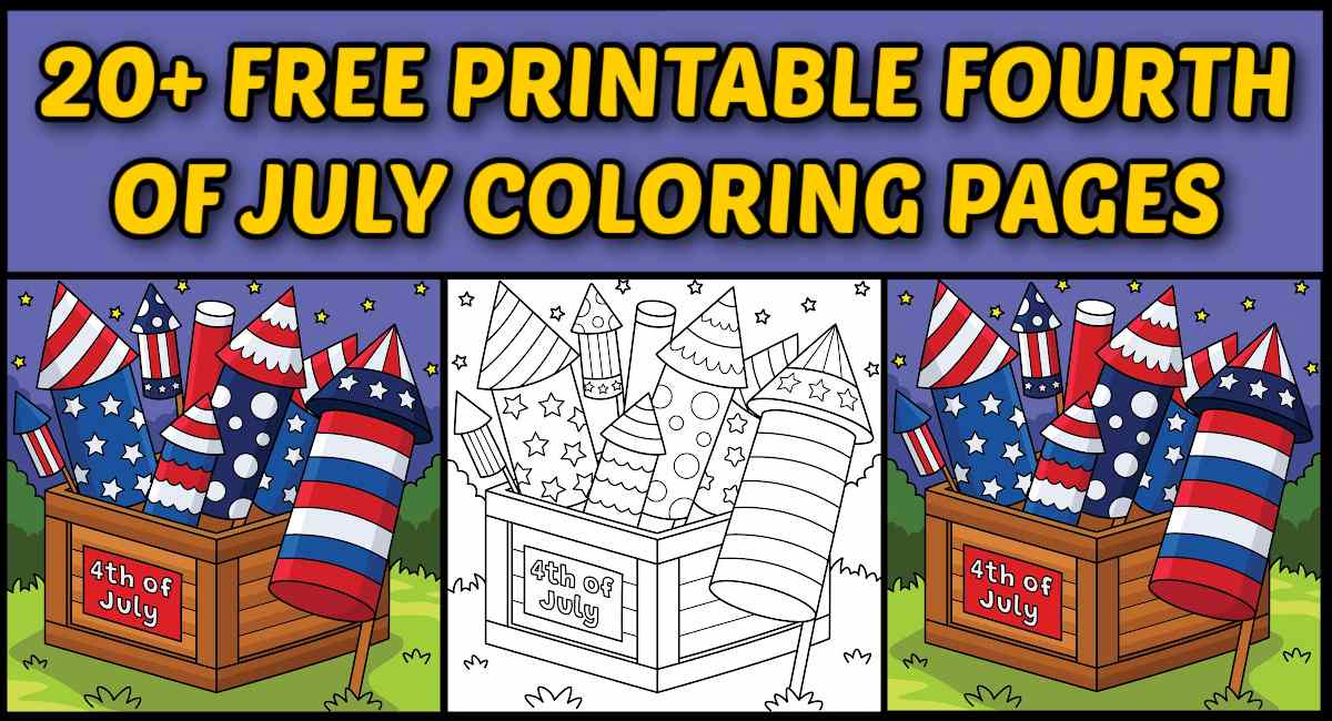 A collage of free printable fourth of July coloring pages A 4th of July coloring pages printable collage with three images of fireworks, two colored in and one blank, with text over it that says 20+ free printable Fourth of July coloring pages.