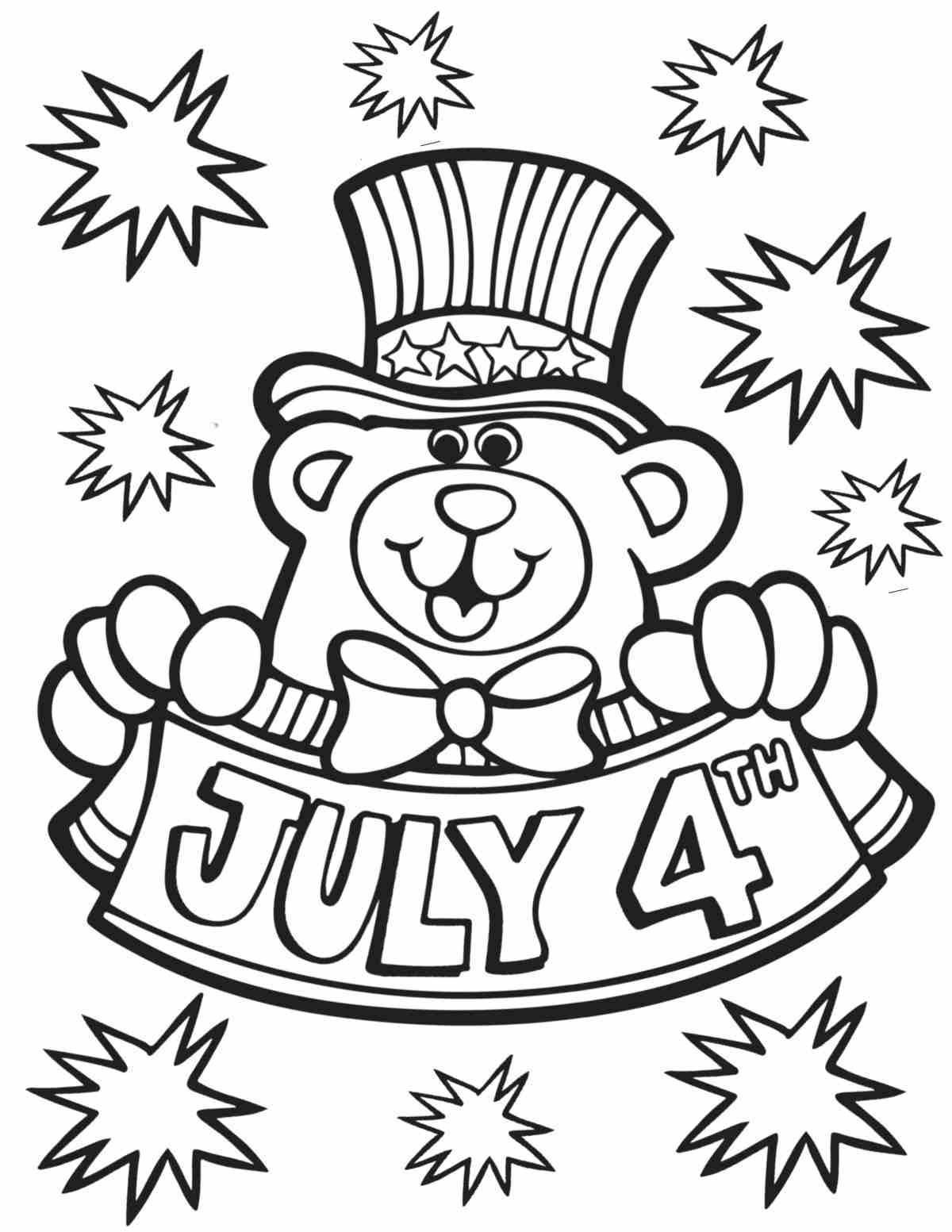 Get Free Patriotic Coloring Pages Printables A Fourth of July coloring pages free printable with a bear in the center, holding a banner that says July 4th, surrounded by firework blasts.