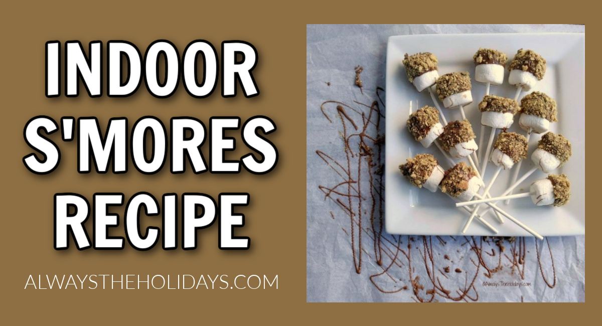 Indoor s'mores A text overlay that says indoor s'mores recipe to the left of a plate of s'mores on a stick dipped in milk chocolate, and rolled in graham cracker crumbs.