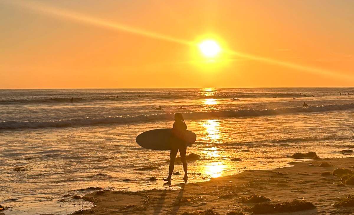 Surfer A woman walking on the beach, holding a surf board while the sun is setting behind her during a summer day.