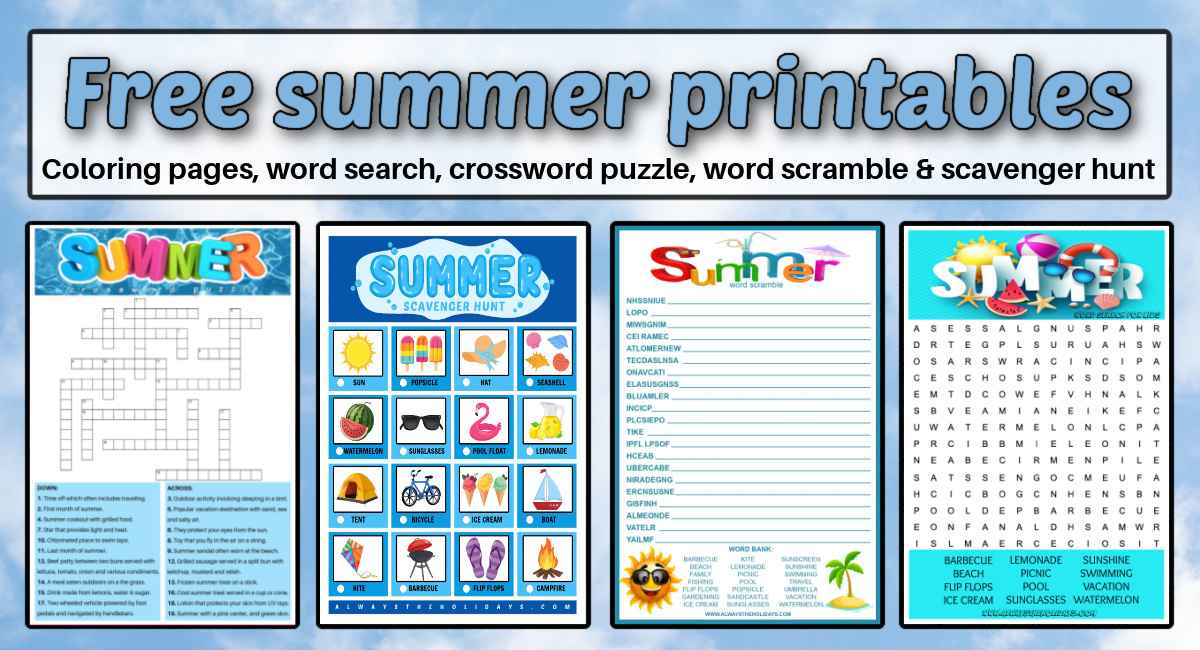Summer printables collage Photos of four free summer bucket list ideas including a summer crossword puzzle, scavenger hunt, word scramble and word search with a text overlay about it that says free summer printables.