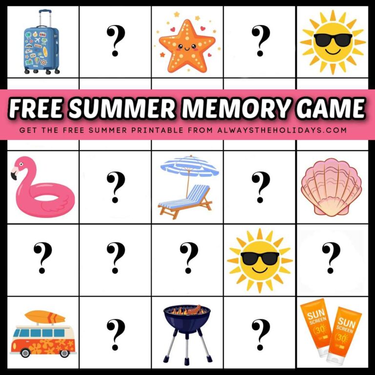 A free summer memory game printable with some of the cards flipped face up, and some of the cards flipped face down, with a text overlay in a pink box across the image.