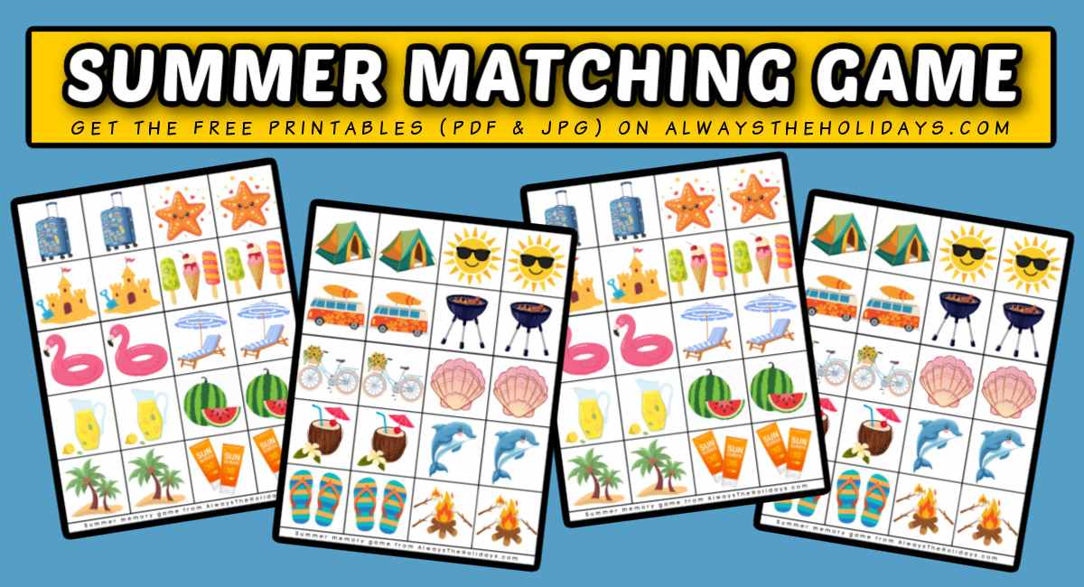 Summer matching game collage Four printable summer memory game sheets under a white text overlay in a yellow box that says summer matching game.