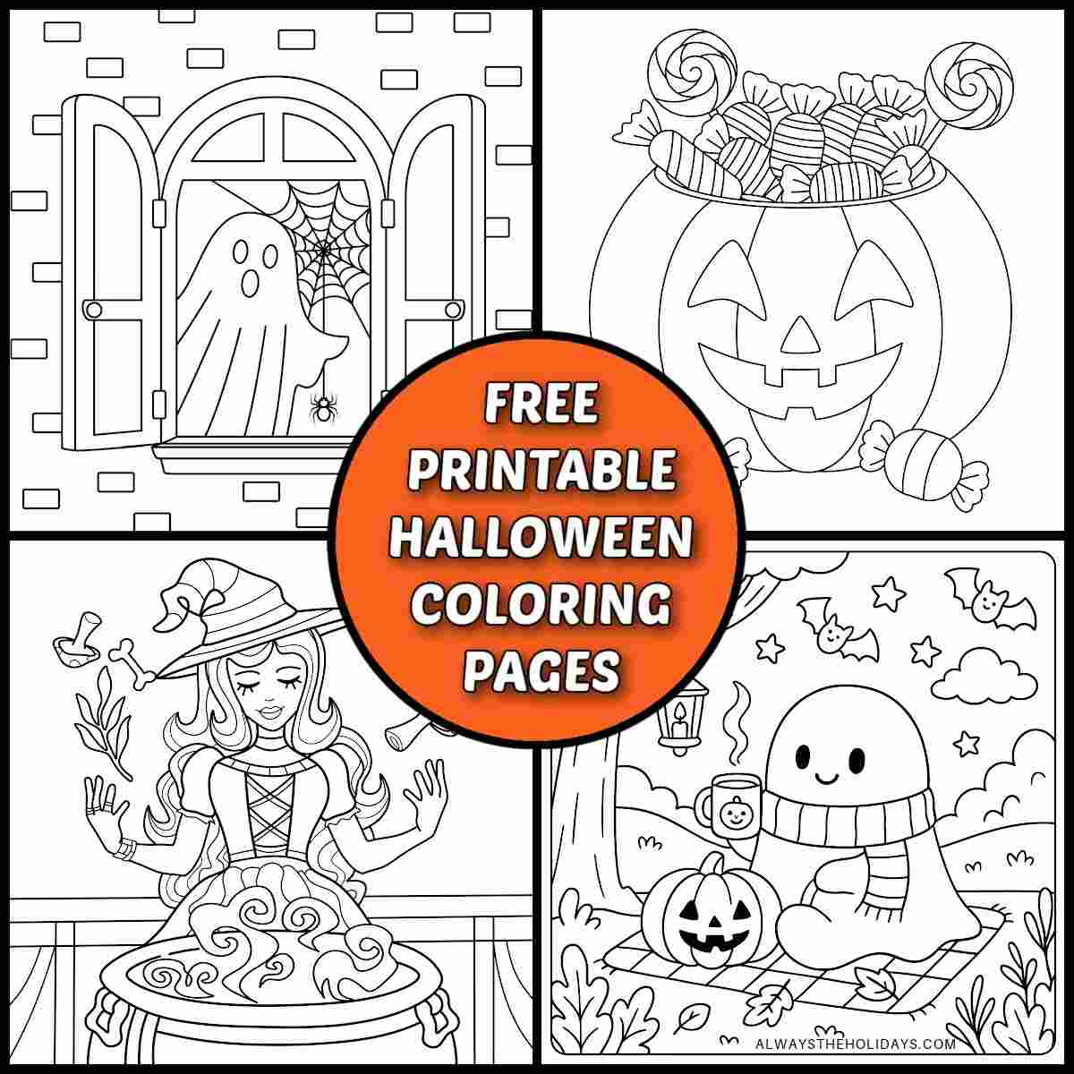 Halloween coloring pages collage An orange circle with a white text overlay in it that says free printable Halloween coloring pages, over a collage of four Halloween coloring sheets including a ghost and spider coloring page, pumpkin coloring sheet, ghost coloring page and a witch coloring sheet.