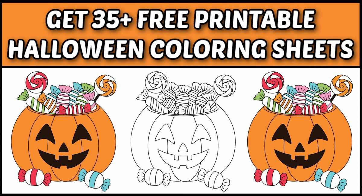 Jack o lantern coloring page collage An orange rectangle at the top of the image that says Get 35+ free printable Halloween coloring sheets, above three versions of a pumpkin coloring page, the two on the outside are colored in, and the one in the middle is not colored in.