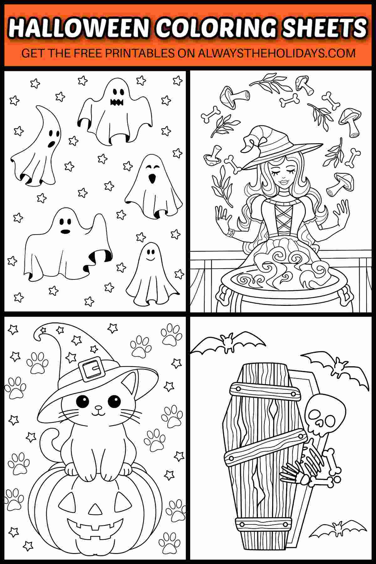 35+ Free Printable Halloween Coloring Sheets A white text overlay that says Halloween coloring sheets in orange rectangle with a collage of four free printable Halloween coloring pages beneath it including a ghost coloring sheet, witch coloring page, coffin coloring page and a black cat coloring sheet.