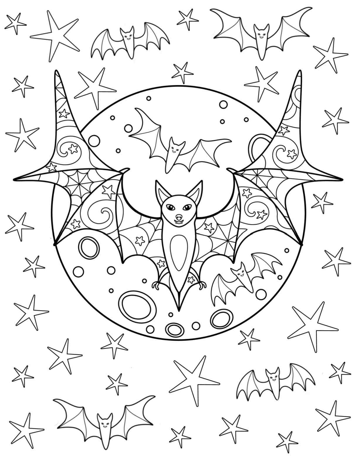 Bat Coloring Sheets Printable A bat coloring sheets printable for Halloween, with a large moon in the center, with a big bat across it and lots of small bats and stars around it.