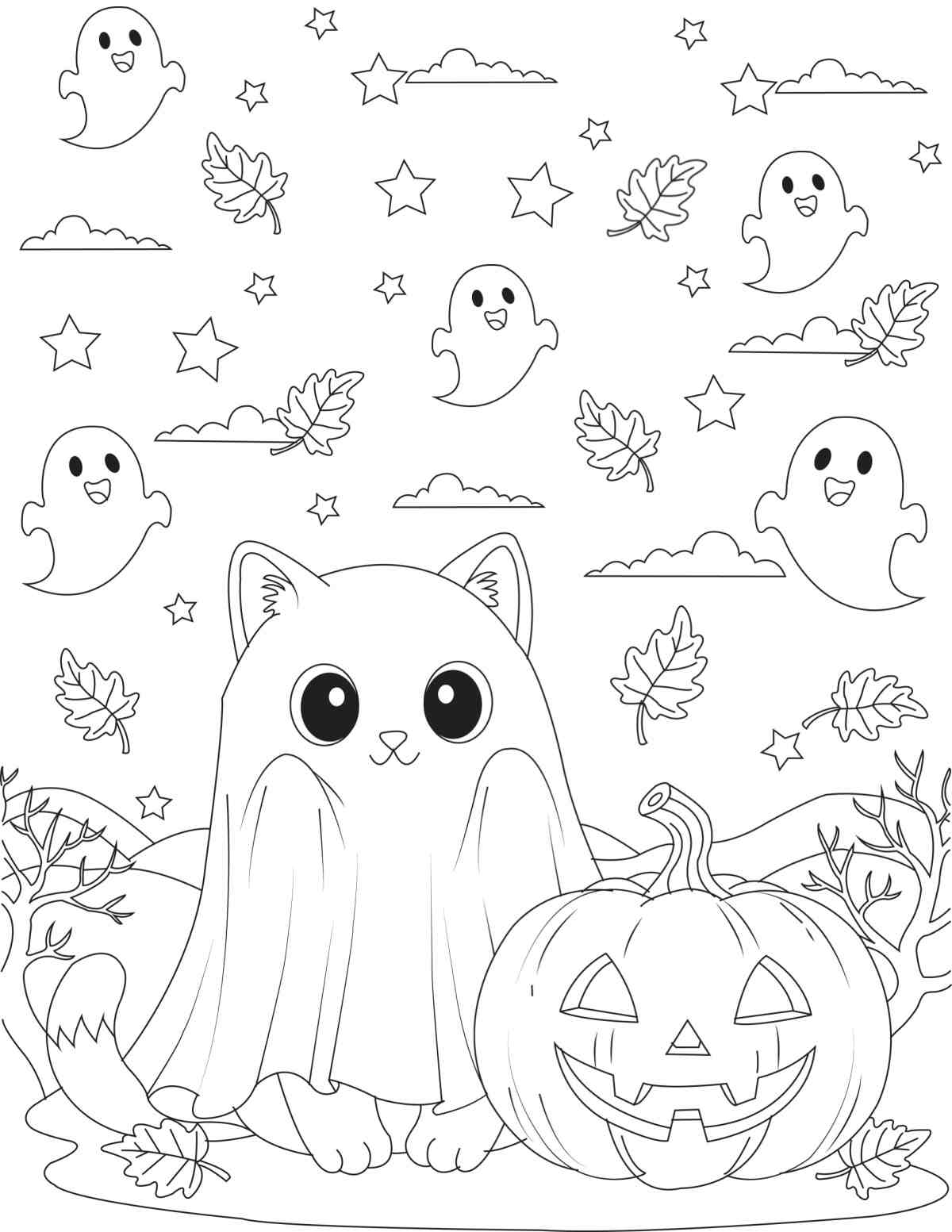 Black Cat Coloring Page A black cat coloring sheet for Halloween, with a cat wearing a sheet to look like a ghost next to a carved jack o lantern, with ghosts, leaves and clouds floating in the sky above it.