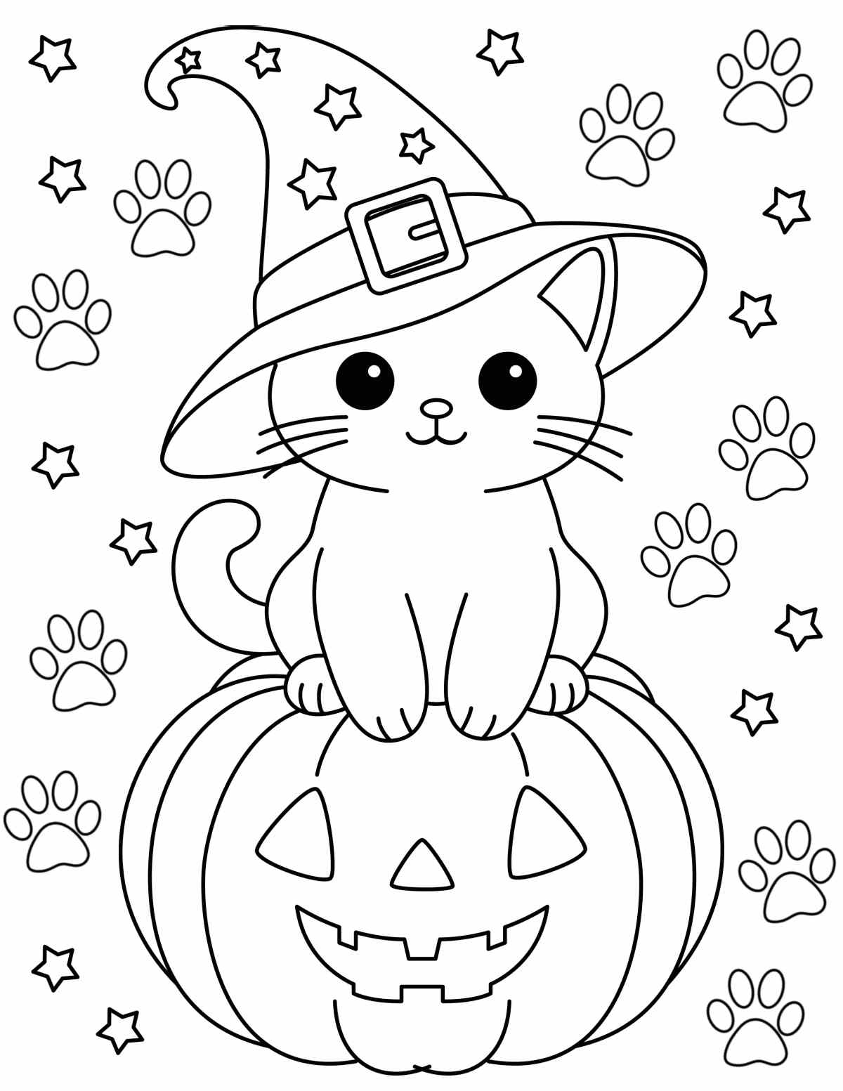 Free Printable Black Cat Coloring Sheet A black cat coloring page for Halloween featuring a cute kitten sitting on a jack o lantern wearing a witches hat, with tiny paw prints and stars around it.