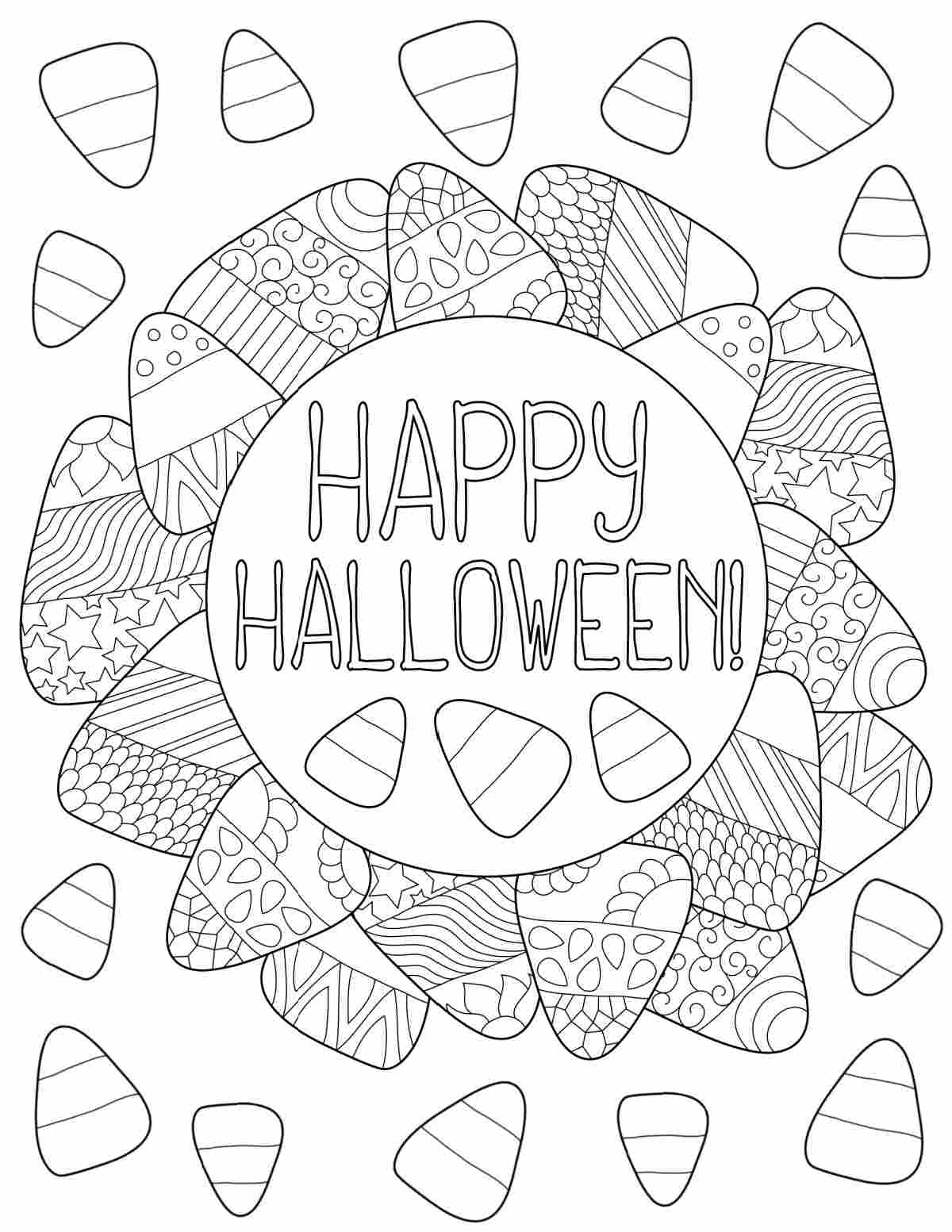 Printable Candy Corn Coloring Pages Free A free printable candy corn coloring page featuring a candy corn wreath with the words happy Halloween in the center, with small pieces of candy corn floating around the wreath.