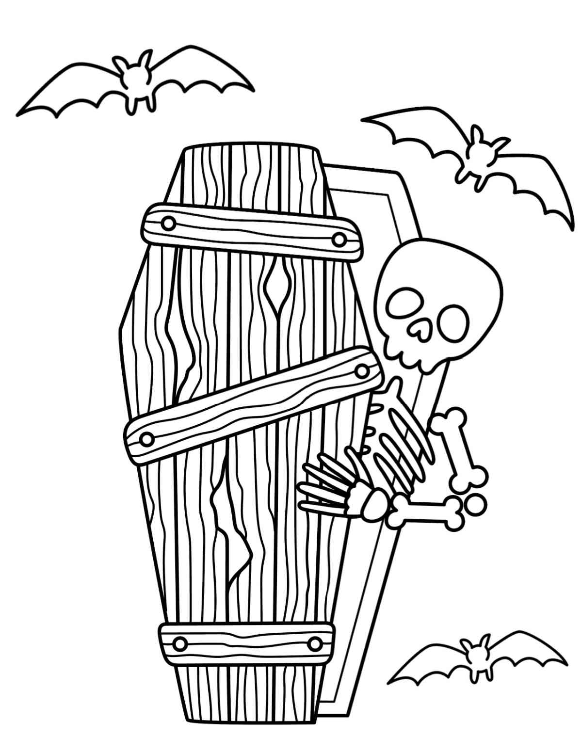 Free Coffin Coloring Page for Halloween A coffin coloring page where skeleton is climbing out of a wooden coffin that is surrounded by three flying bats.