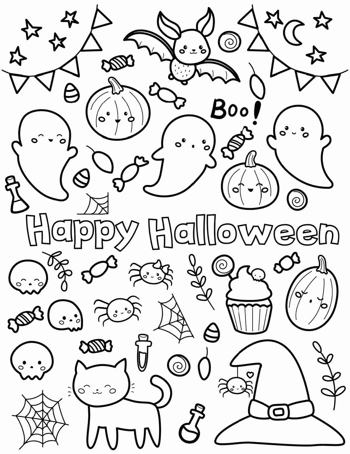 Happy Halloween Coloring Sheets A free printable happy Halloween coloring pages printable featuring small symbols of Halloween like ghosts, witches hats, pumpkins and cats all around the words happy Halloween.