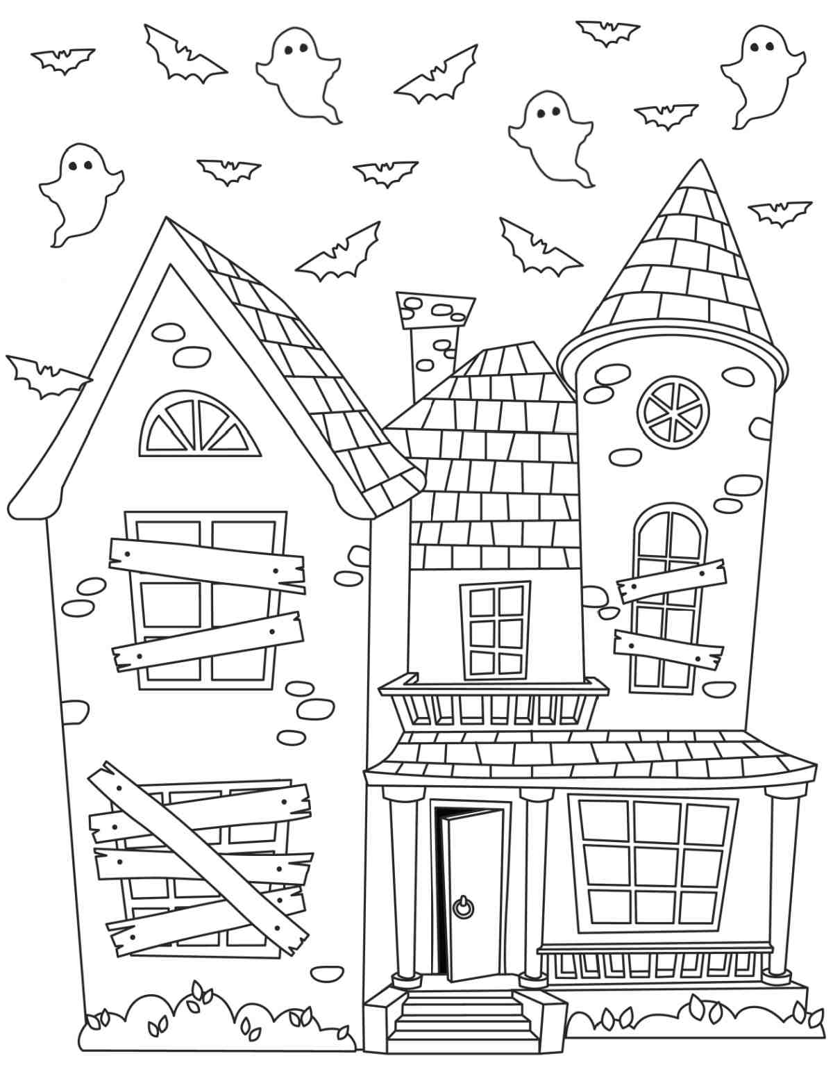 Free Haunted House Coloring Pages Printable A free haunted house coloring pages printable with ghosts flying around a castle that has boards over the windows, and door slightly open.