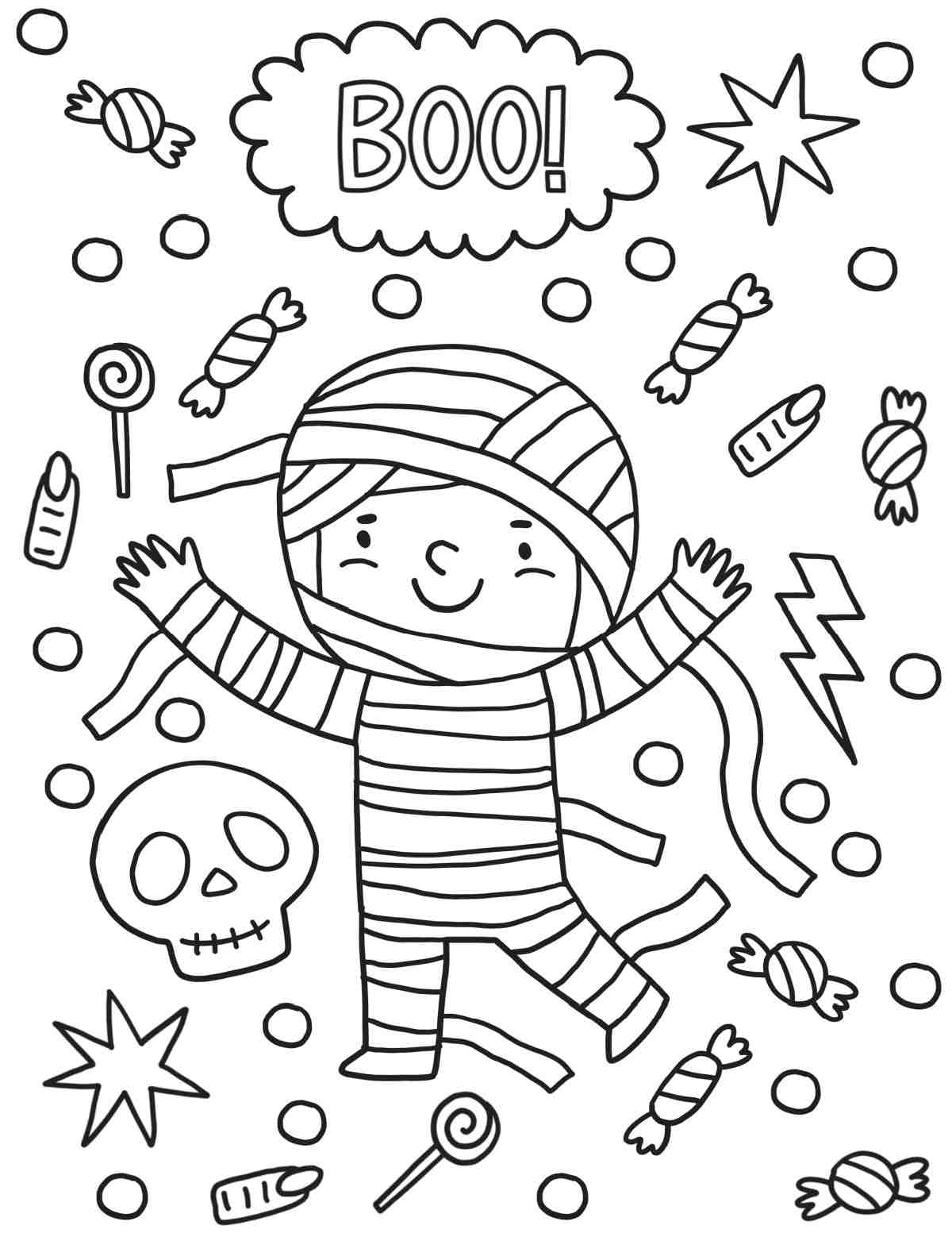 Free Printable Mummy Coloring Sheets A free mummy coloring pages printable with a boy wrapped up like a mummy with the word boo above him, and Halloween items floating around him including candy, a witches finger and a skull.