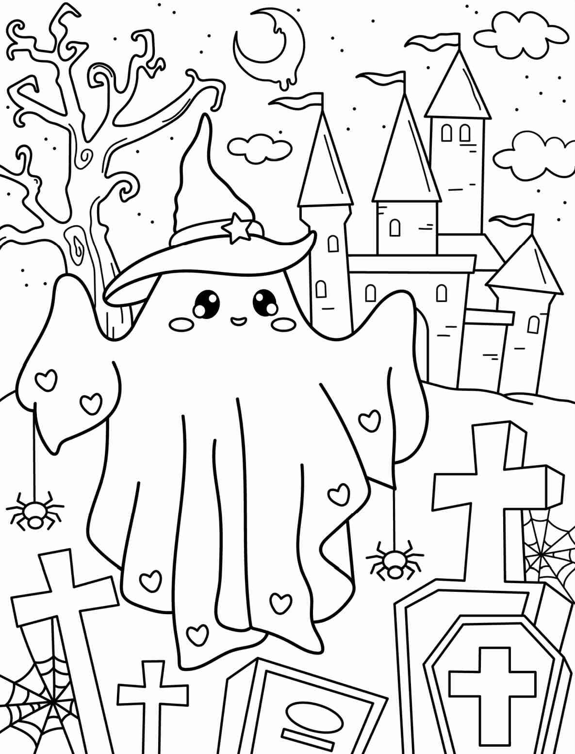 Ghost Coloring Sheets Printable A free printable ghost coloring pages that shows a ghost wearing a witches hat in a graveyard with a castle in the background.
