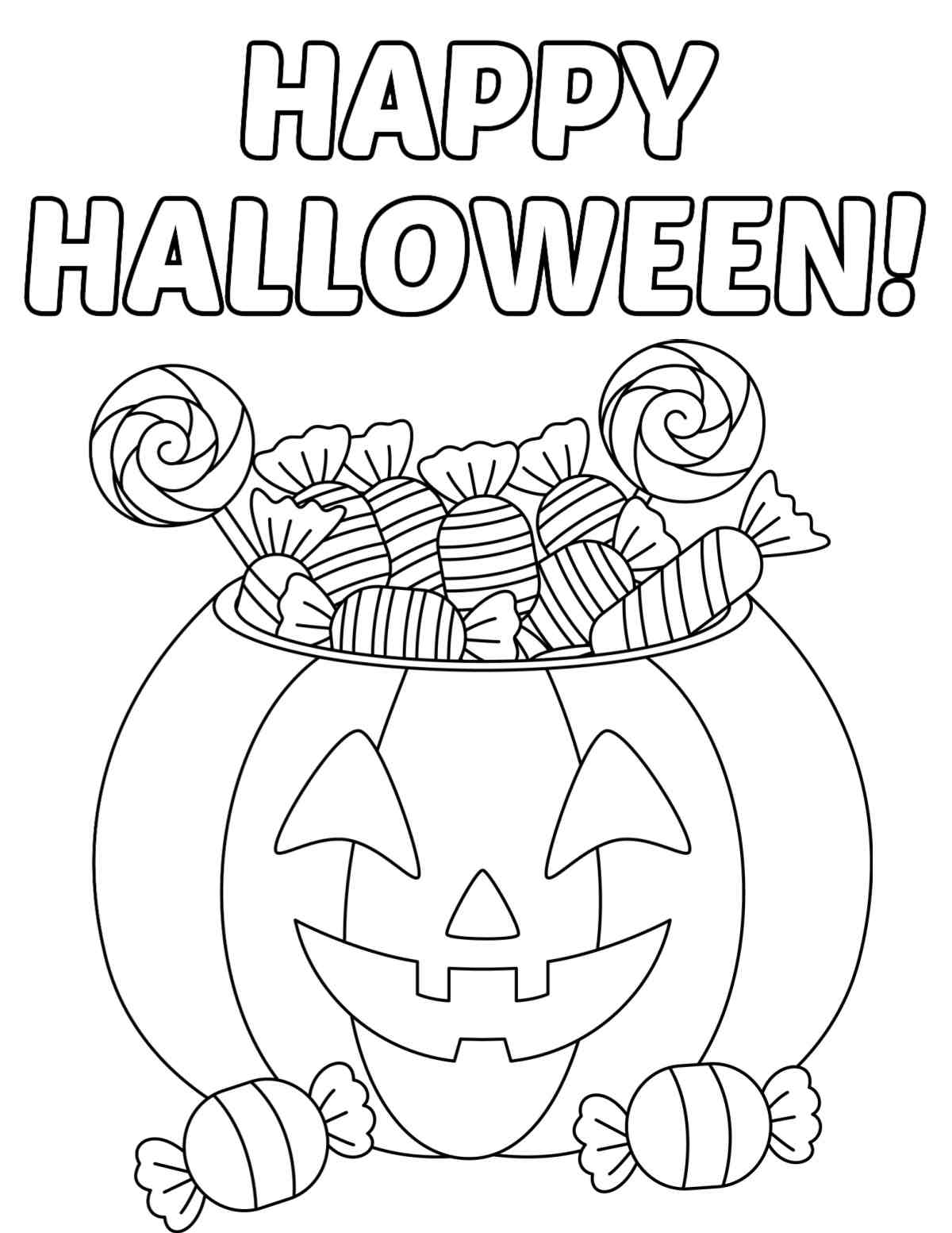 Free Printable Happy Halloween Coloring Pages A happy Halloween coloring sheets printable with a jack o lantern bucket overflowing with candy with the words happy Halloween in bubble letters above it.