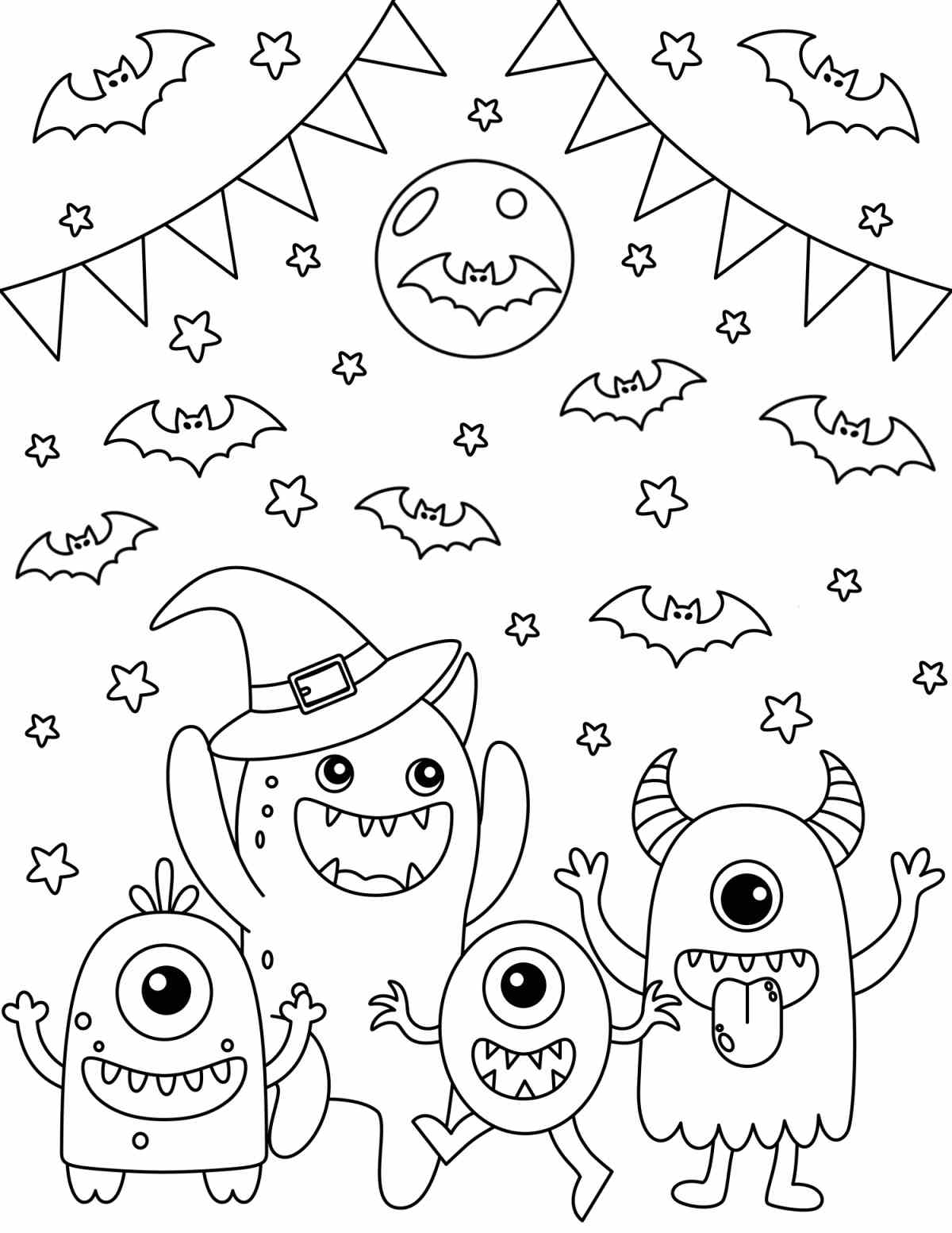 Free Printable Monster Coloring Pages A free monster coloring pages printable depicting four cartoon monsters dancing under bunting with a moon and lots of bats above them.