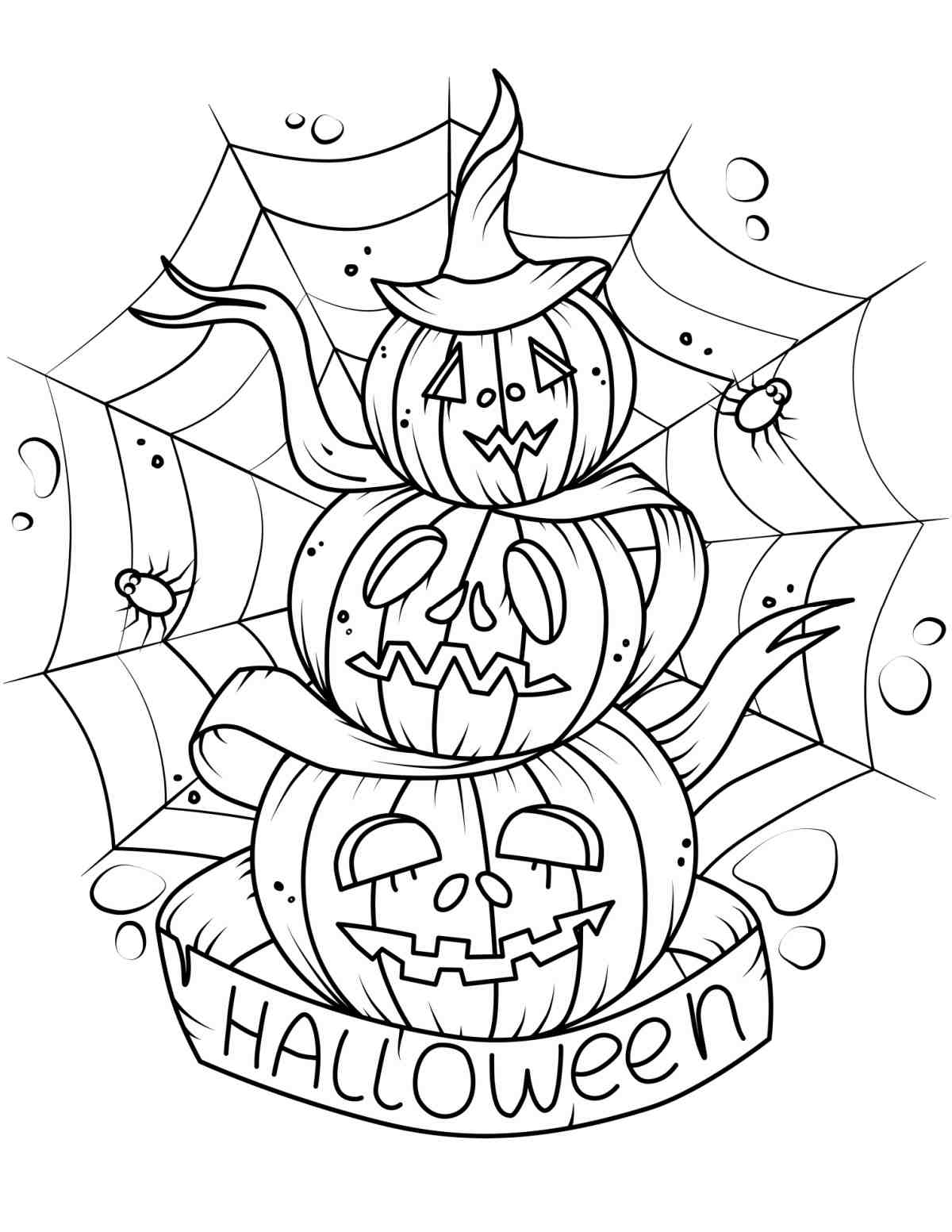 Free Printable Pumpkin Coloring Sheets A free printable pumpkin coloring pages image with three pumpkins stacked on top of each other with a spider web behind them and the word Halloween in a banner below them.