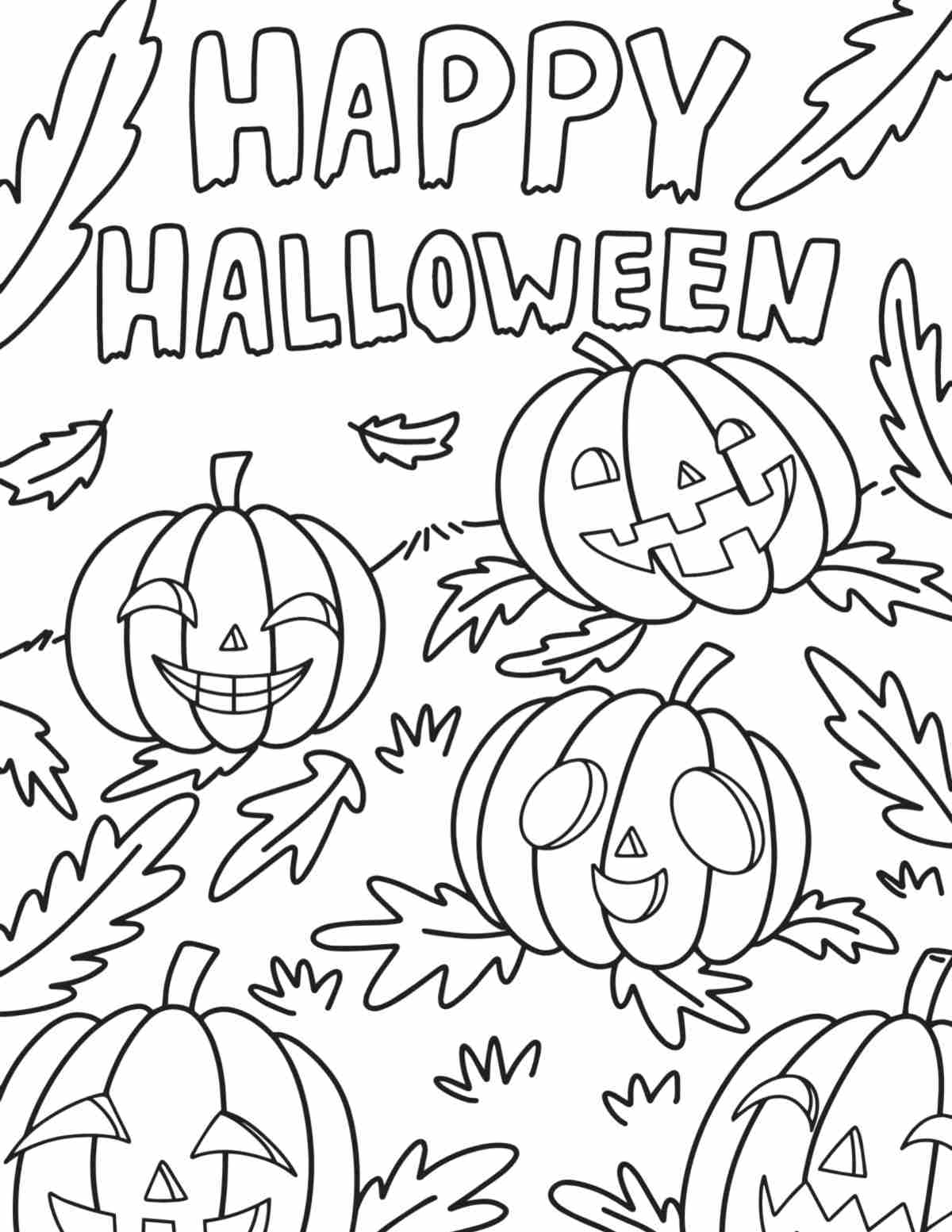 Free Pumpkin Coloring Page Printable A free printable pumpkin coloring sheets image featuring 5 pumpkins in a pumpkin patch under the words happy Halloween.