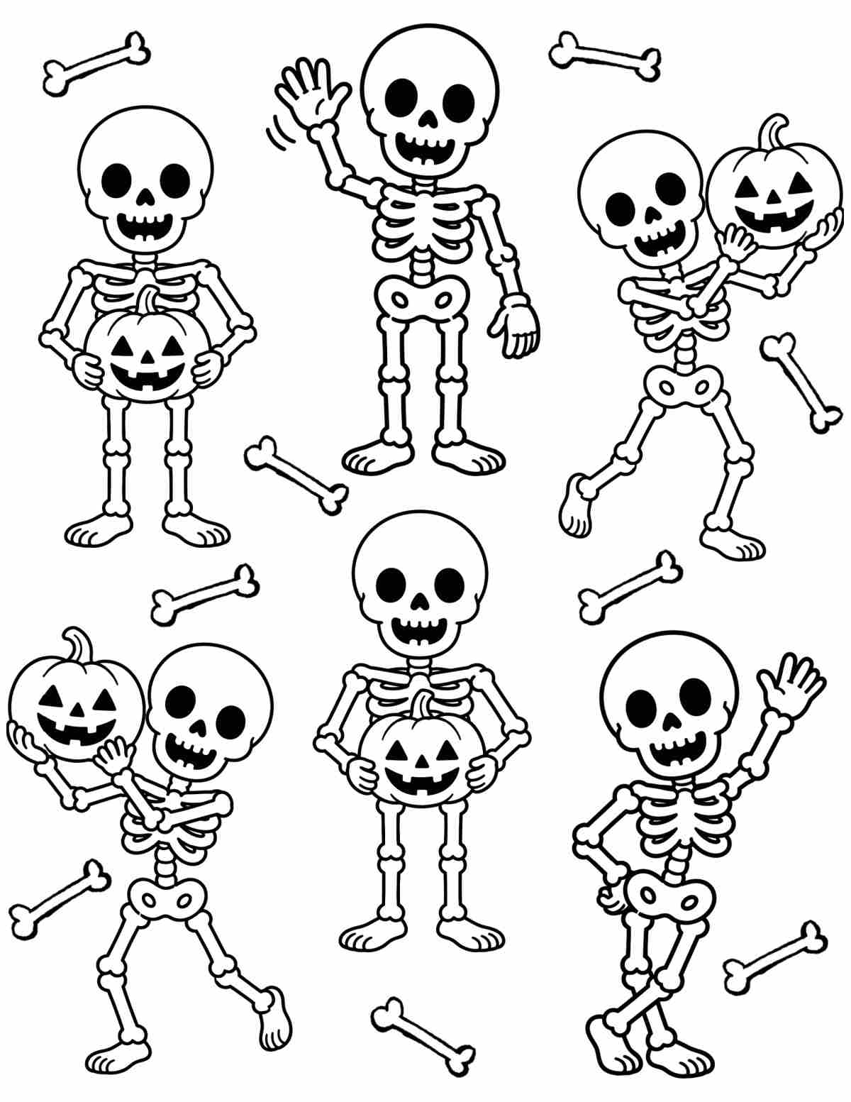 Free Printable Skeleton Coloring Pages A free printable skeleton coloring pages image with six dancing skeletons, some of which are waving, and others are holding pumpkins.