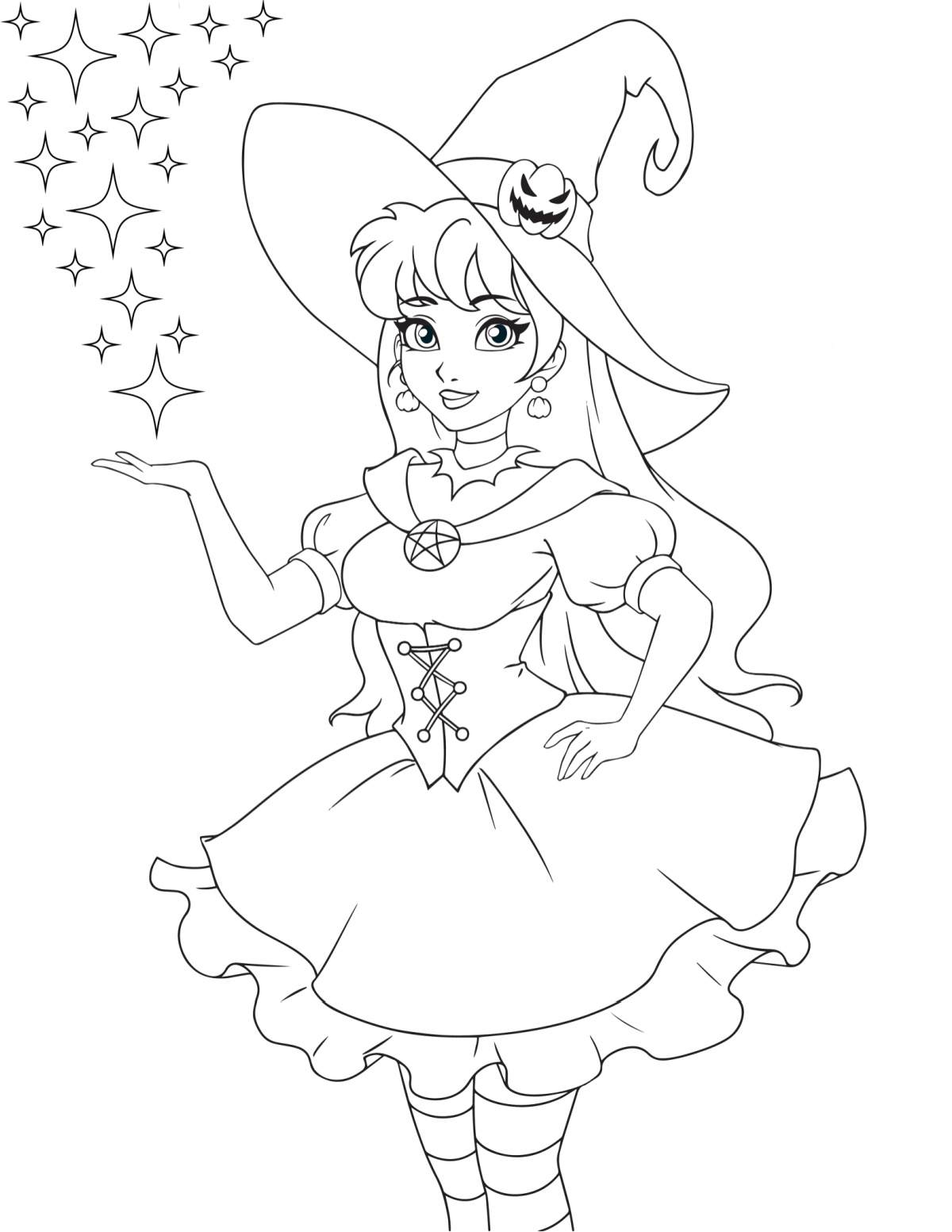 Free Printable Witch Coloring Pages A witch coloring sheets printable featuring a witch wearing a dress and witches hat holding out her hand and stars are coming out of it.