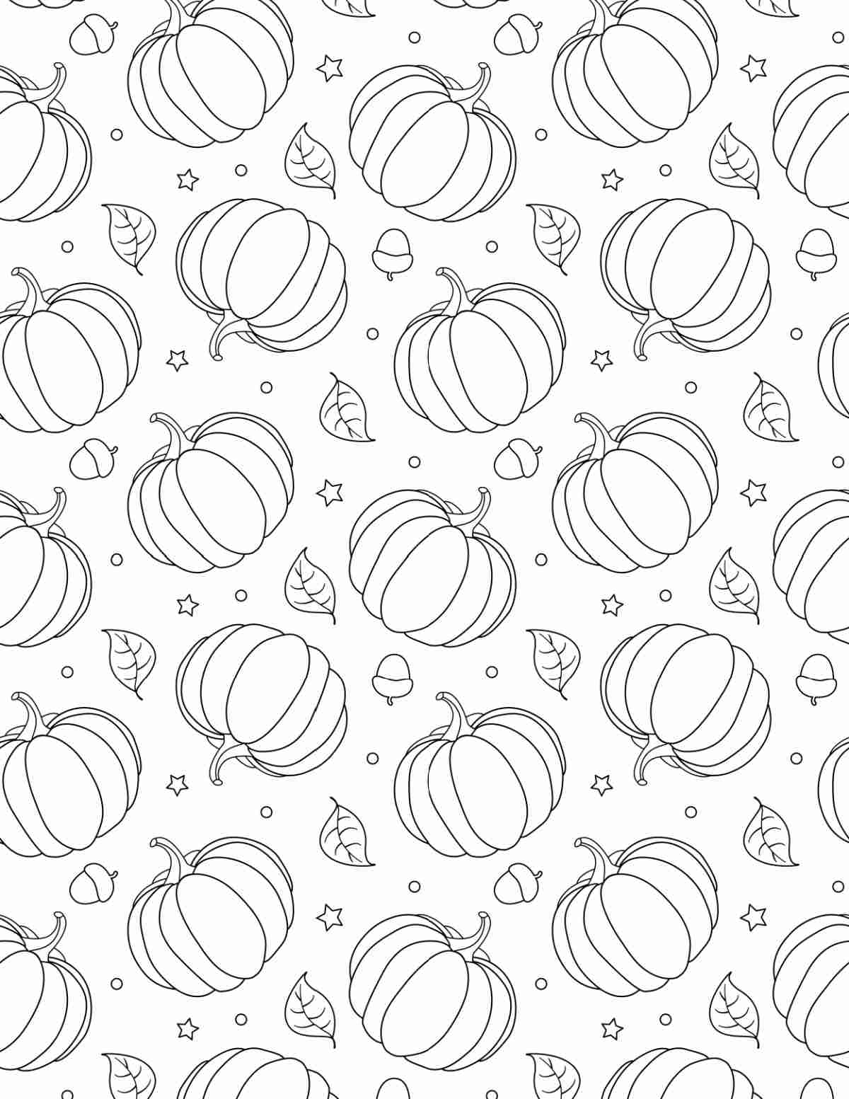 Free Printable Pumpkin Coloring Pages A free pumpkin coloring page printable that is completely covered with small pumpkins and leaves.