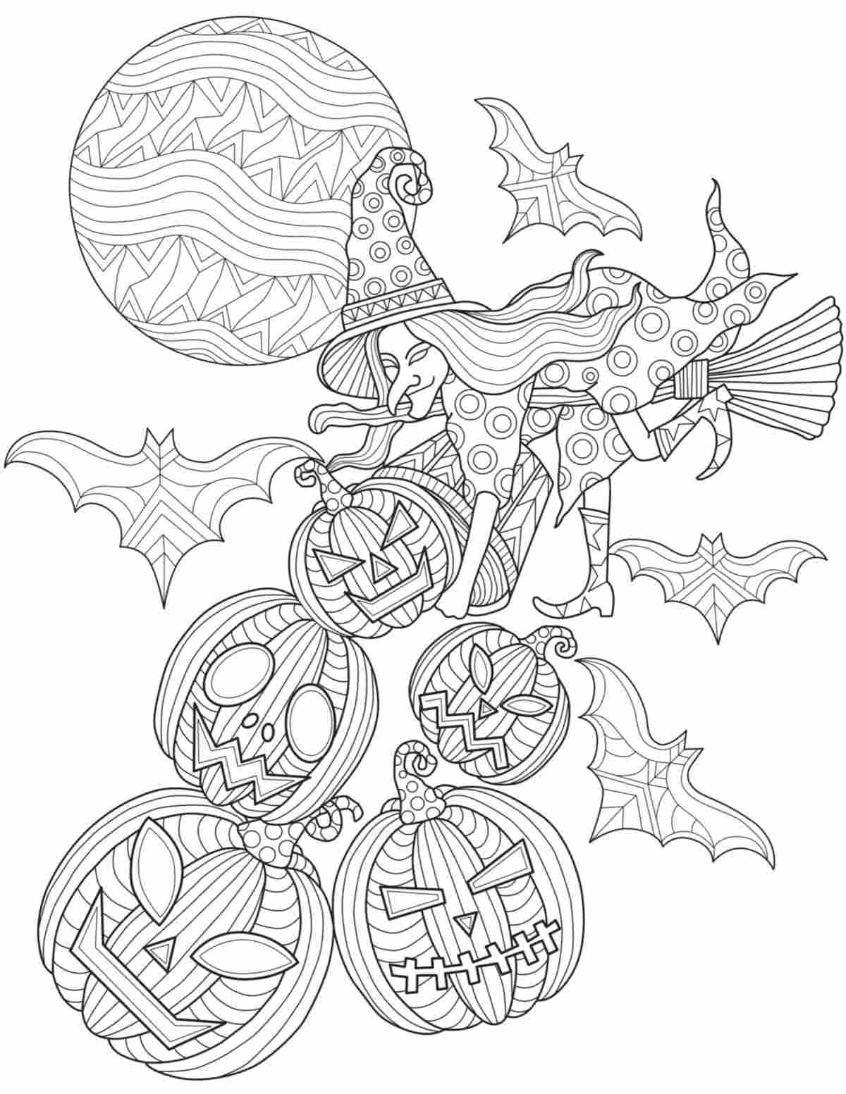 Witch Coloring Page Printable A free printable witch coloring pages with a witch flying in front of the moon, dropping jack o lantern beneath her, with several bats flying around her.