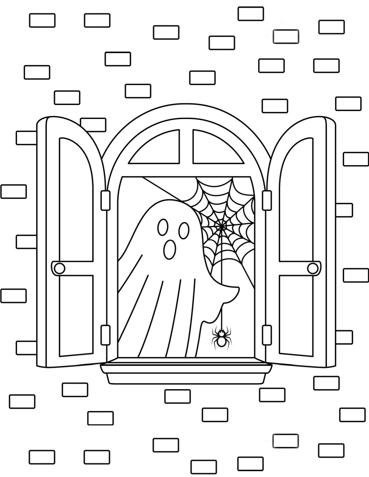 Ghost Coloring Pages Printable A ghost coloring sheets featuring a single ghost looking out an open window with one small spider hanging from a spiderweb behind it.