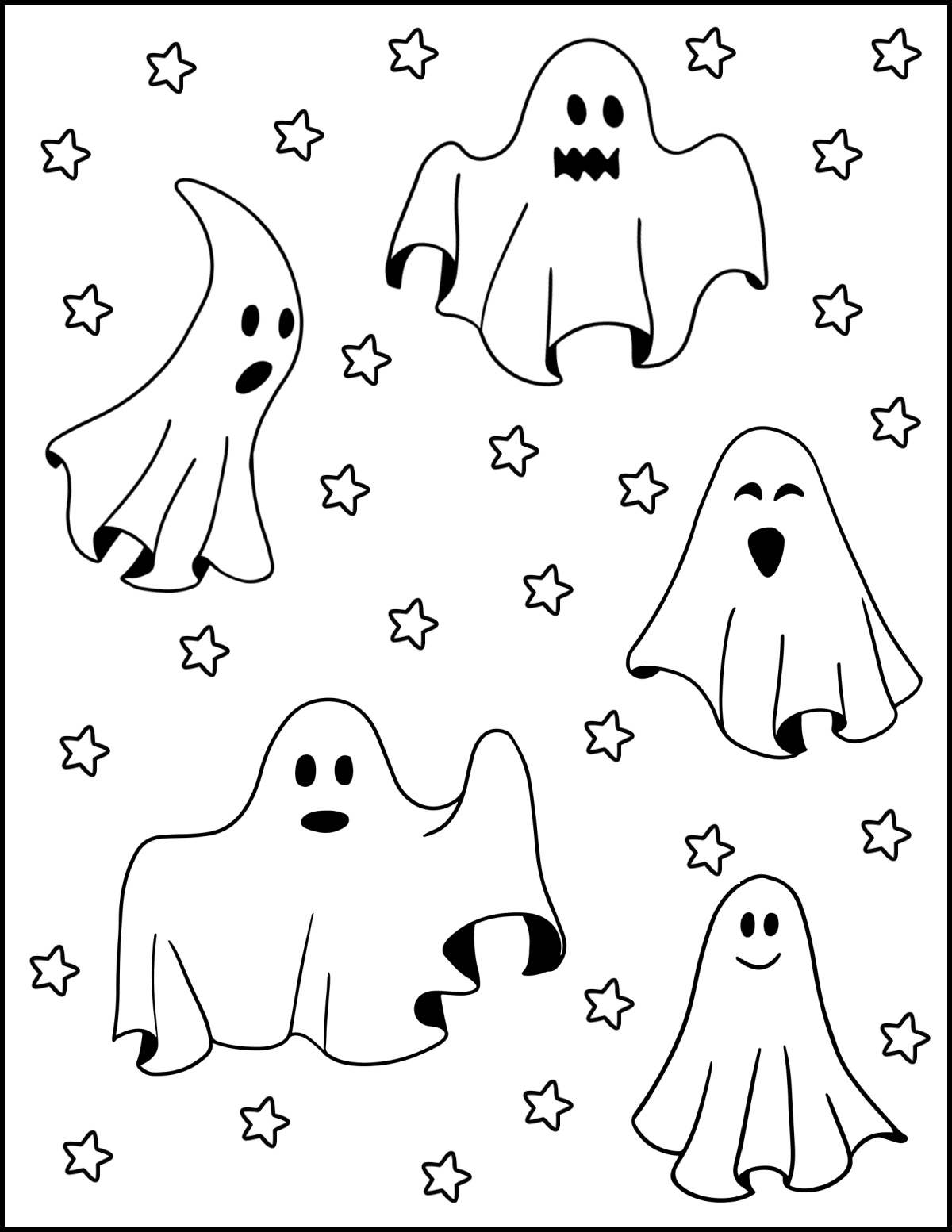 Free Ghosts Coloring Pages Printable A ghosts coloring pages printable with five ghosts floating in the air surrounded by stars.