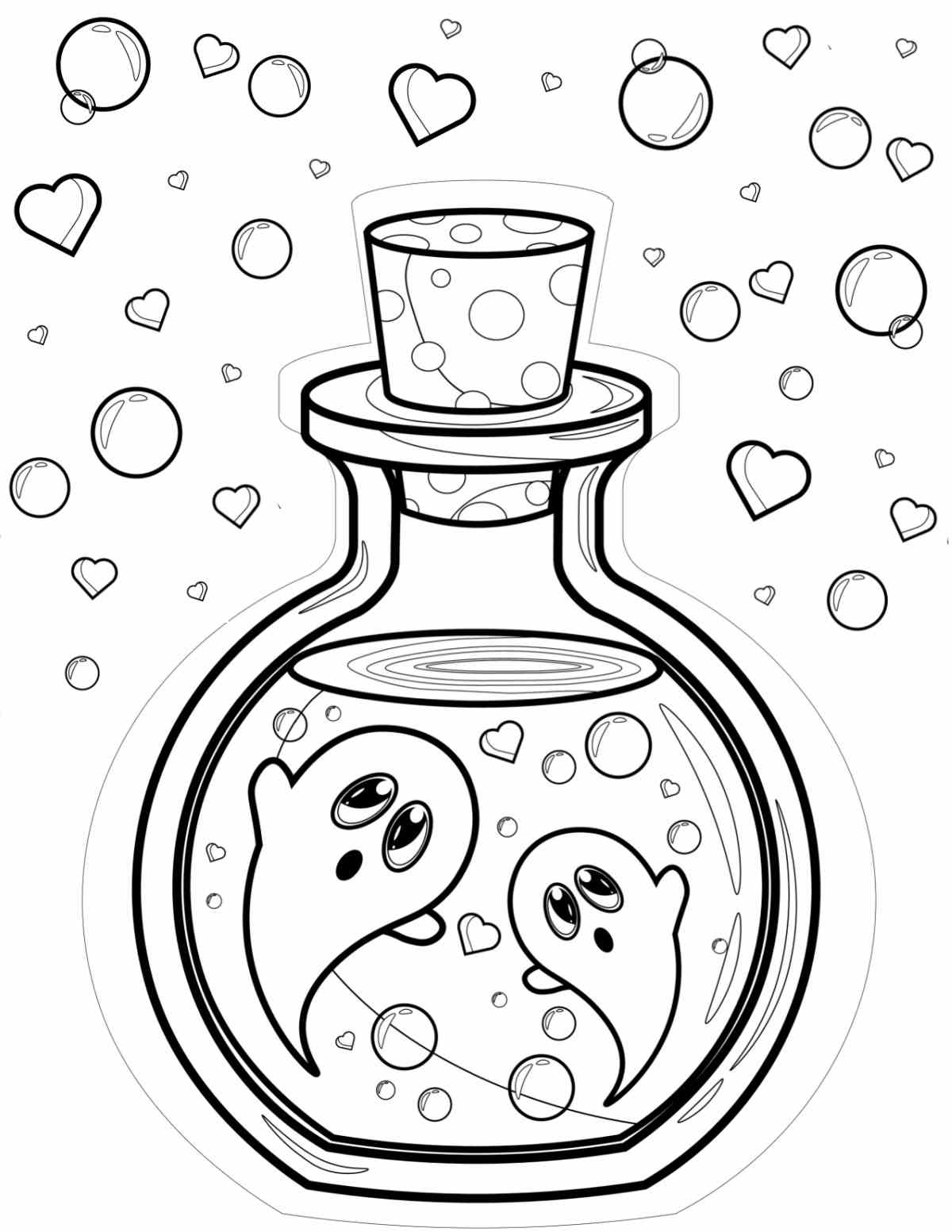 Free Printable Ghost Coloring Pages A ghost coloring sheets printable with two ghosts inside of a potion bottle with hearts and bubbles above the bottle.