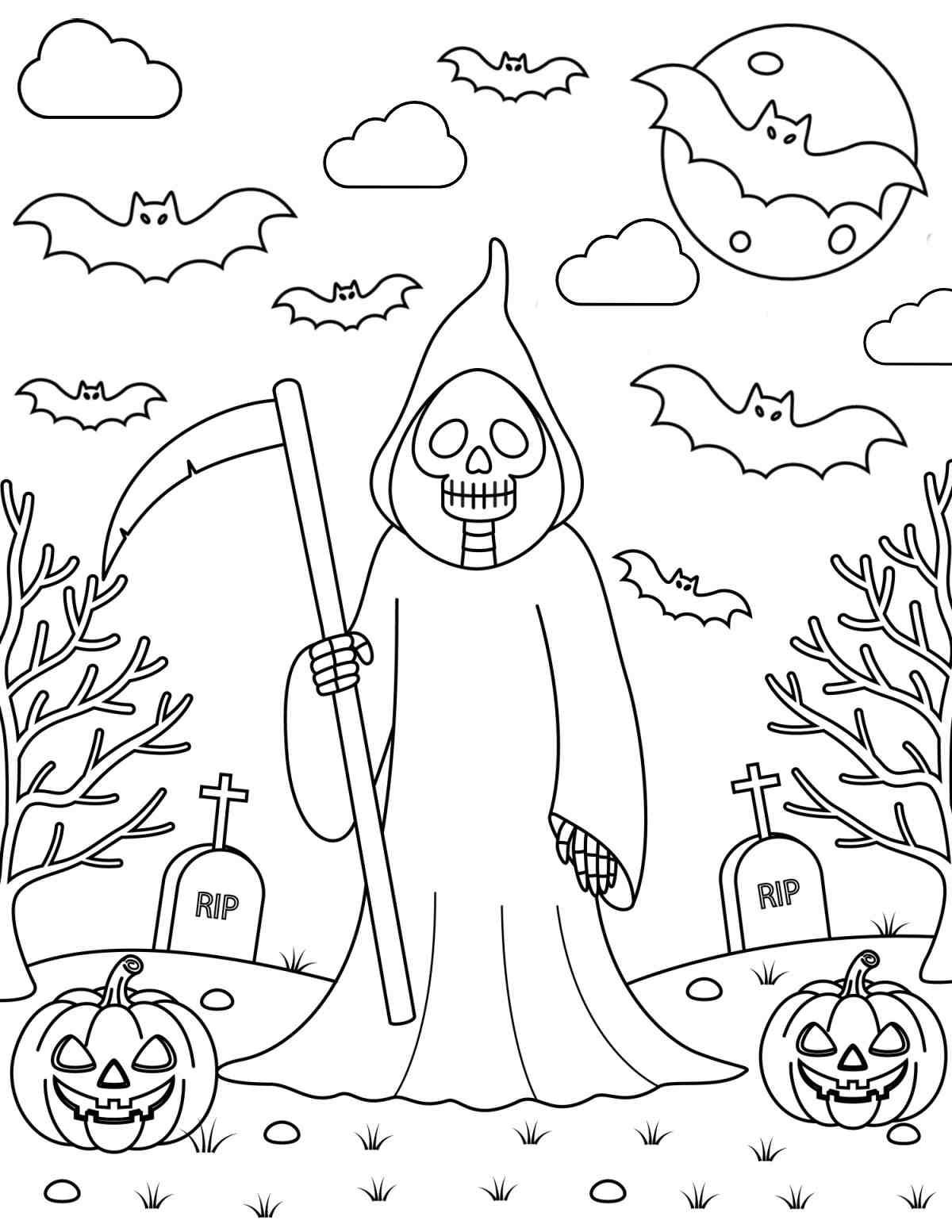 Grim Reaper Coloring Pages Printable A grim reaper coloring pages printable featuring the reaper holding a scythe in a field with two jack o lantern on the ground, and bats flying in the air.