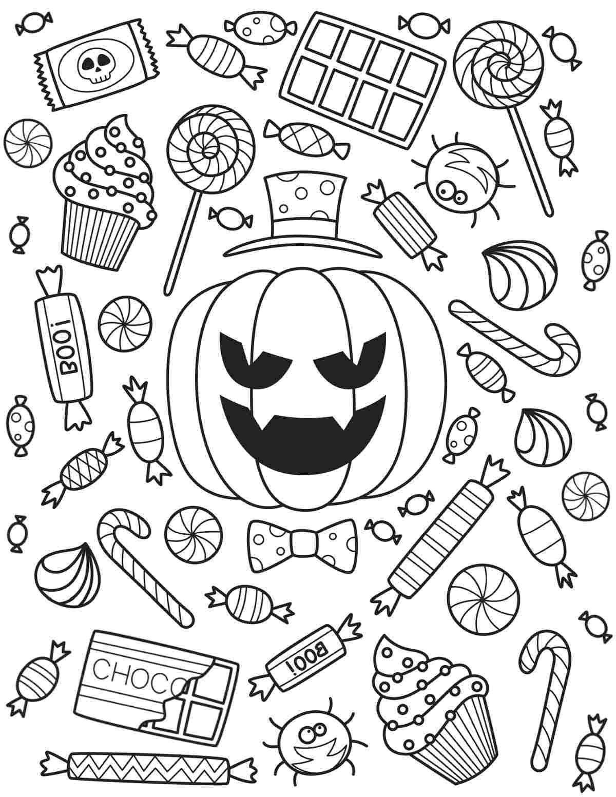 Halloween Candy Coloring Sheets A Halloween candy coloring sheets printable with a jack o lantern in the center, surrounded by Halloween candy.