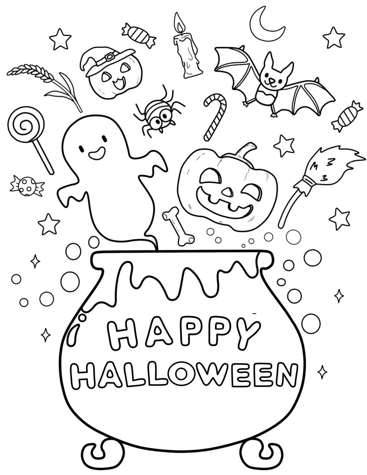 Get 35+ Free Printable Halloween Coloring Pages A free happy Halloween coloring pages printable featuring a cauldron with the words happy Halloween on it, with ghosts, bats, jack o lanterns, and other Halloween symbols coming out of the cauldron.