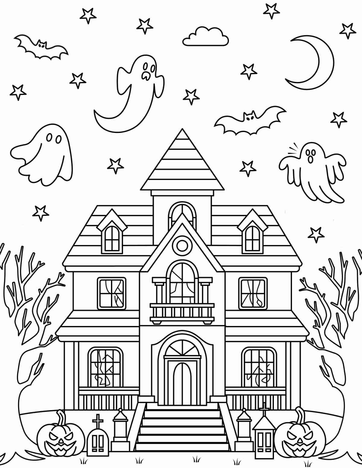 Free Haunted House Coloring Page Printable A free haunted house coloring page printable featuring a two story house with ghosts flying above it.