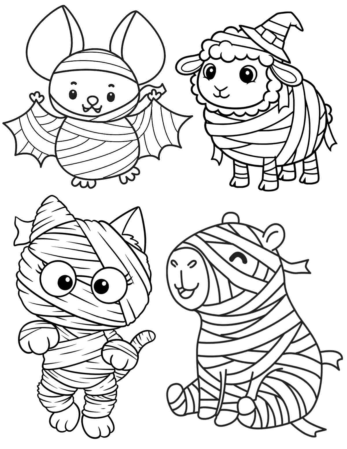 Free Mummy Coloring Pages A mummy coloring sheets printable featuring four animals with bandages wound around them like mummies, from left to right and top to bottom the animals are a bat, a sheep, a capybara and a cat.