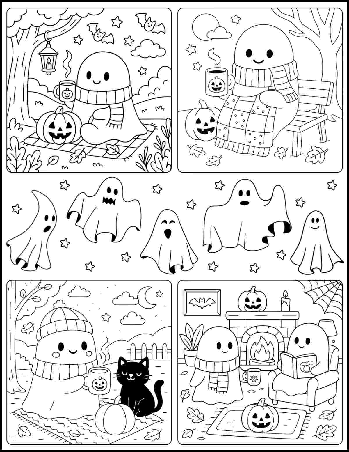Free Ghosts Coloring Sheets A free ghost coloring pages printable featuring four different vignettes of ghosts doing fall activities including a fall picnic, a ghost on a picnic bench, a ghost outside with a cat, and two ghosts in a cozy reading room.