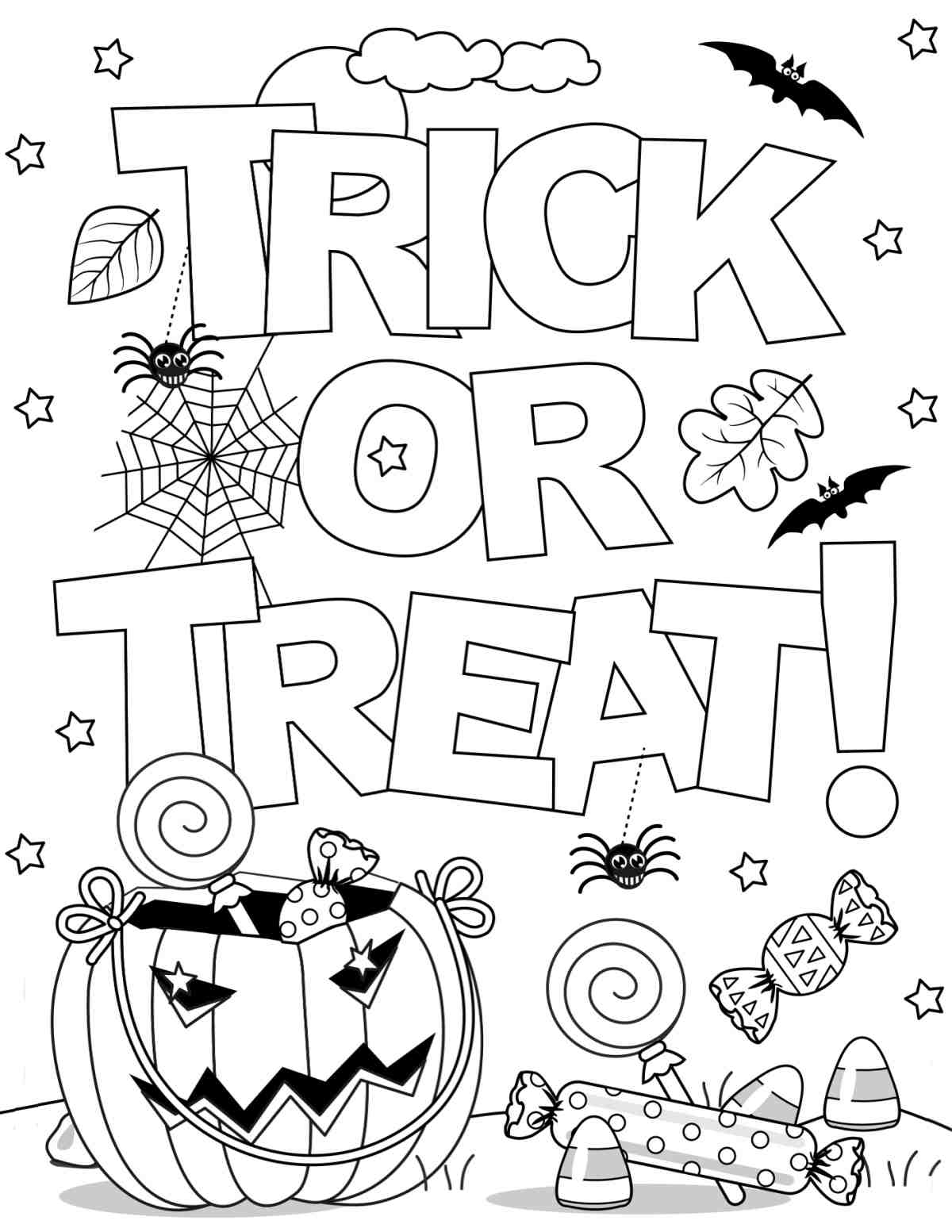 Trick or Treat Coloring Pages Printable A free trick or treat coloring pages printable with a jack o lantern in the bottom of the image with some candy beside it, and very large bubble letters that say trick or treat in the center of the image.