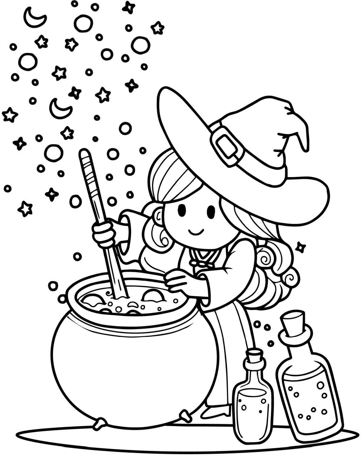 Free Witch Coloring Sheets Printable A free witch coloring pages printable showing a little witch stirring a cauldron with stars, moons and bubbles coming out of it.