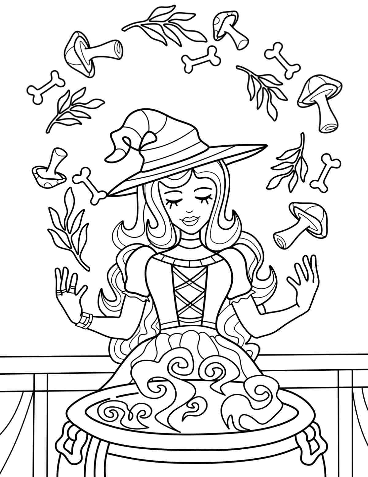 Free Witch Coloring Pages Printable A Halloween witch coloring page printable showing a witch standing over a cauldron holding out her hands and having mushrooms, leaves and bones floating above her hands in a semicircle over her head.