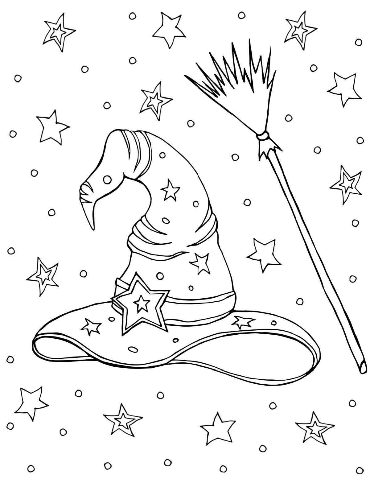 Witches Hat Coloring Pages for Halloween A witches hat coloring pages printable featuring a witches hat with a curved top beside a broom, with stars all around them.