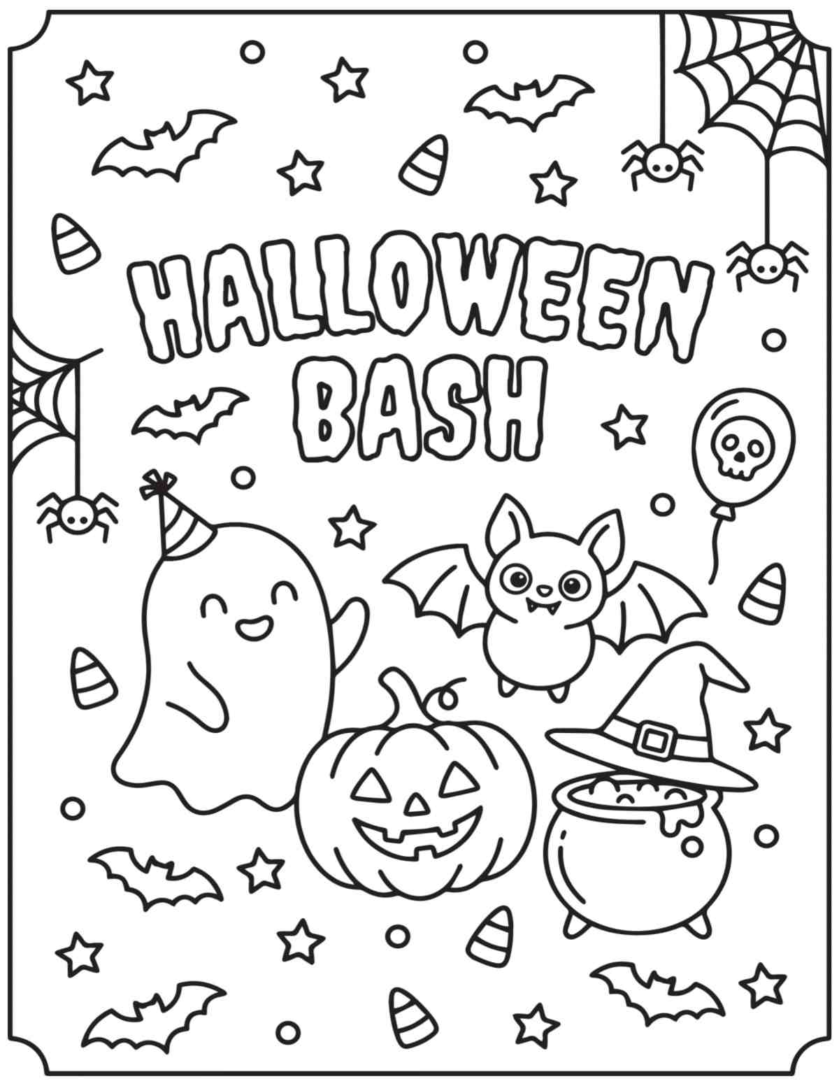 Get 35+ Free Printable Halloween Coloring Pages A free printable Halloween coloring sheets with the words Halloween bash in the center, with a ghost, pumpkin and jack-o-lantern dancing under it next to a cauldron.