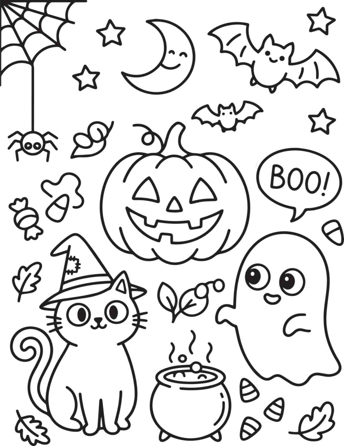 Free Halloween Coloring Pages Printables A free printable Halloween coloring pages image featuring a cauldron with a black cat, ghost, and jack-o-lantern around it, with a spider and web in the corner, and a moon, stars and bats in the sky.