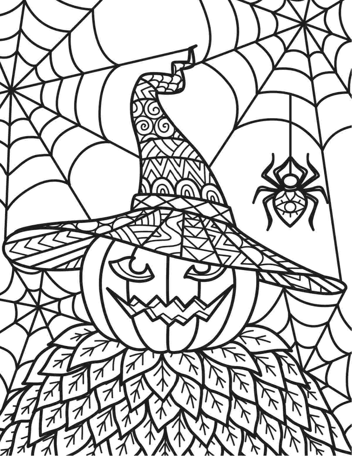 Free Printable Spider Web Coloring Pages A spider web coloring pages printable with a jack o lantern wearing a witches hat sitting on a pile of leaves, with two spider webs around it, one of which has a spider hanging down from it.